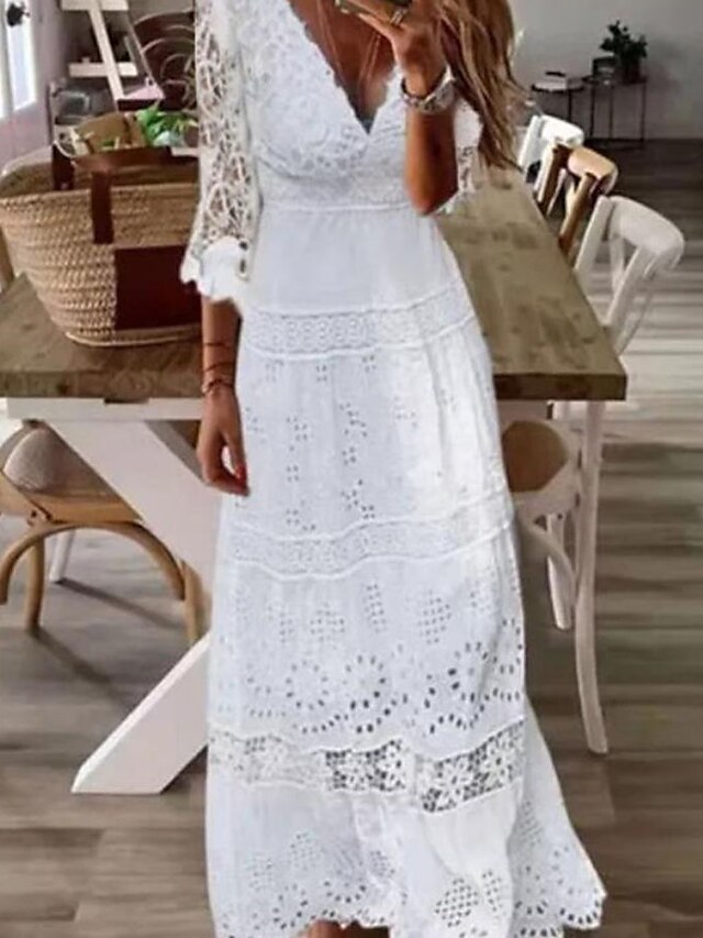 Womens Clothing Womens Dresses | Womens A Line Dress Maxi long Dress White 3/4 Length Sleeve Solid Color Lace Spring Summer V Ne