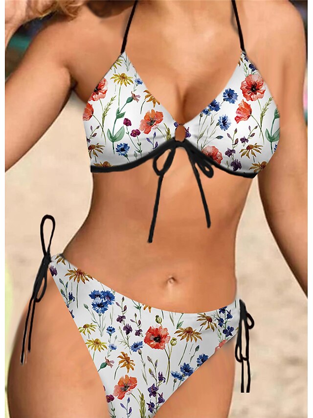 Womens Clothing Womens Swimwear | Womens Swimwear Bikini 2 Piece Normal Swimsuit Halter Open Back Printing Flower White Halter V