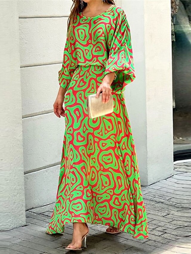 Womens Clothing Womens Dresses | Womens A Line Dress Maxi long Dress Green Black Blue Army Green Fuchsia Long Sleeve Print Geome