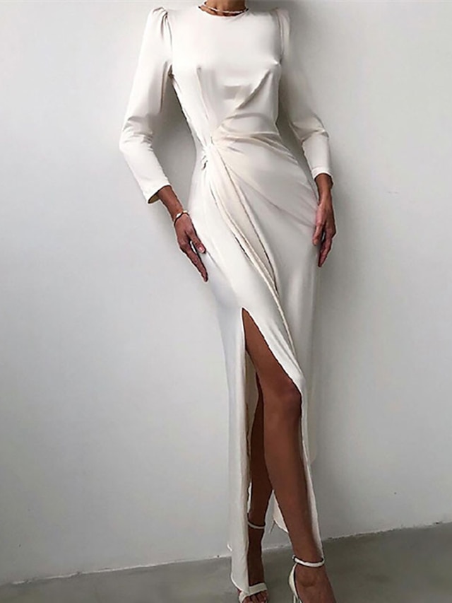 Womens Clothing Womens Dresses | Womens Sheath Dress Maxi long Dress White Black Blue Pink Khaki Long Sleeve Pure Color Split Ru