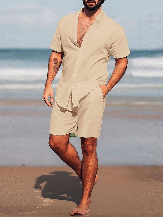  בגדי ריקוד גברים חולצה סט חולצות סט קיץ חולצה עם כפתורים חולצת קיץ בז' שרוולים קצרים אחיד צווארון מתקפל בָּחוּץ קזו'אל כפתור למטה ביגוד אופנתי הוואי נוח סגנונות חוף