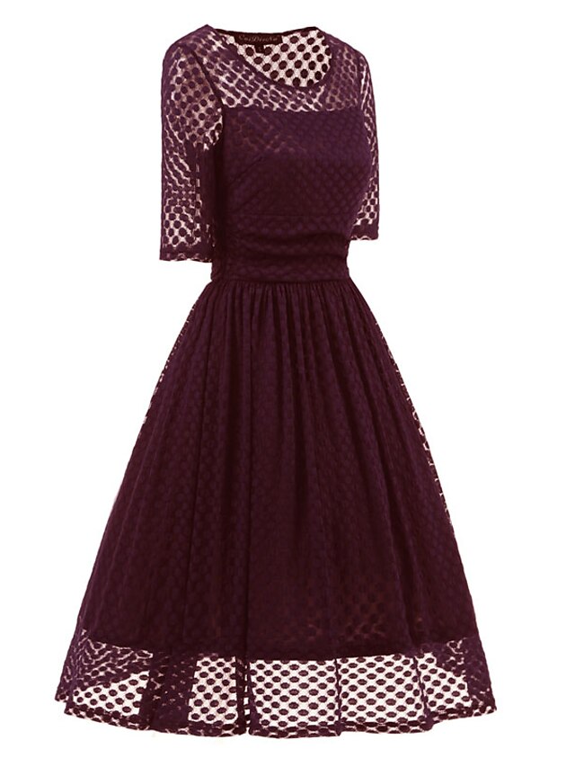 Womens Clothing Womens Dresses | Womens A Line Dress Knee Length Dress Purple Wine Half Sleeve Pure Color Lace Spring Summer Cre