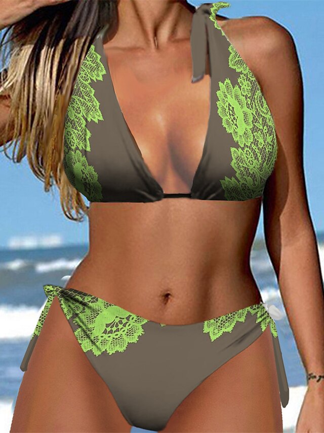 Womens Clothing Womens Swimwear | Womens Swimwear Bikini 2 Piece Normal Swimsuit Halter Open Back Printing Floral Green Blue Kha