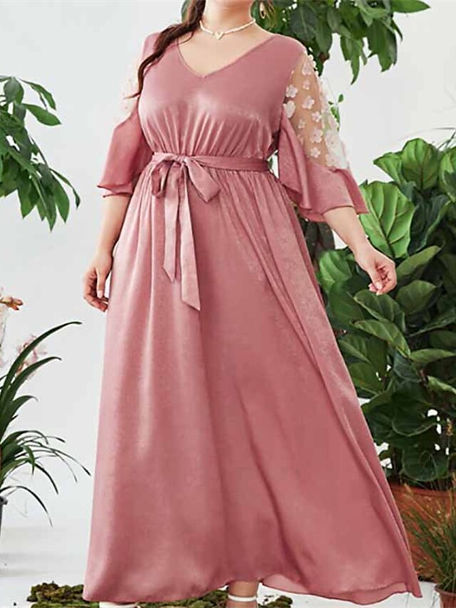 Womens Clothing Plus Size Collection | Womens Plus Size A Line Dress Floral V Neck Half Sleeve Spring Summer Casual Vintage Maxi