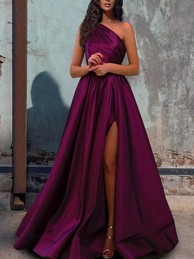  A-Line Minimalist Elegant Engagement Formal Evening Birthday Dress One Shoulder Sleeveless Floor Length Satin with Pleats Slit 2022