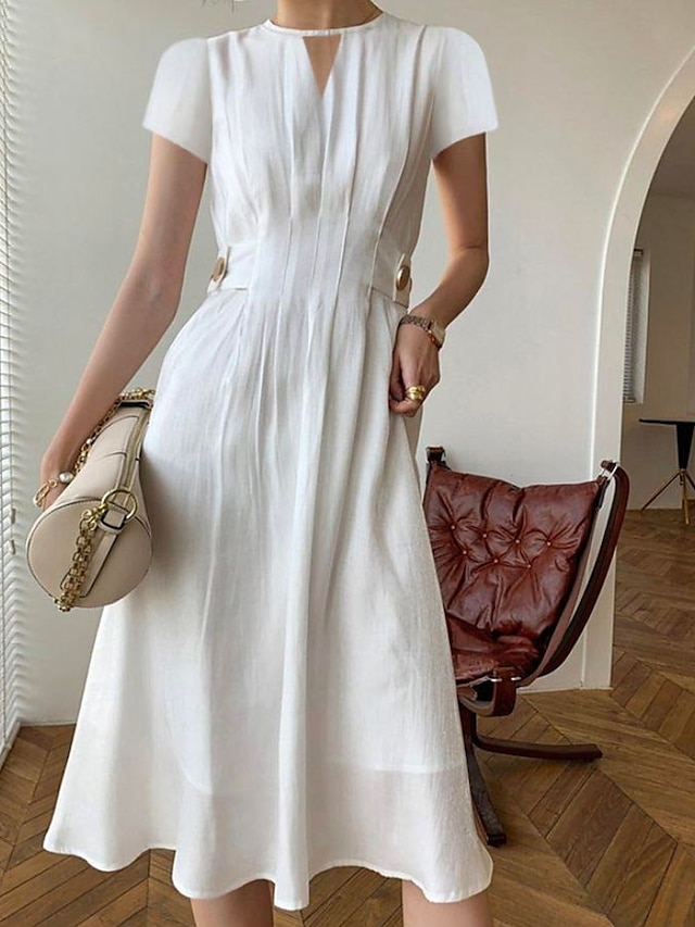 Womens Clothing Womens Dresses | Womens A Line Dress Midi Dress White Short Sleeve Solid Color Ruched Spring Summer Crew Neck Fa