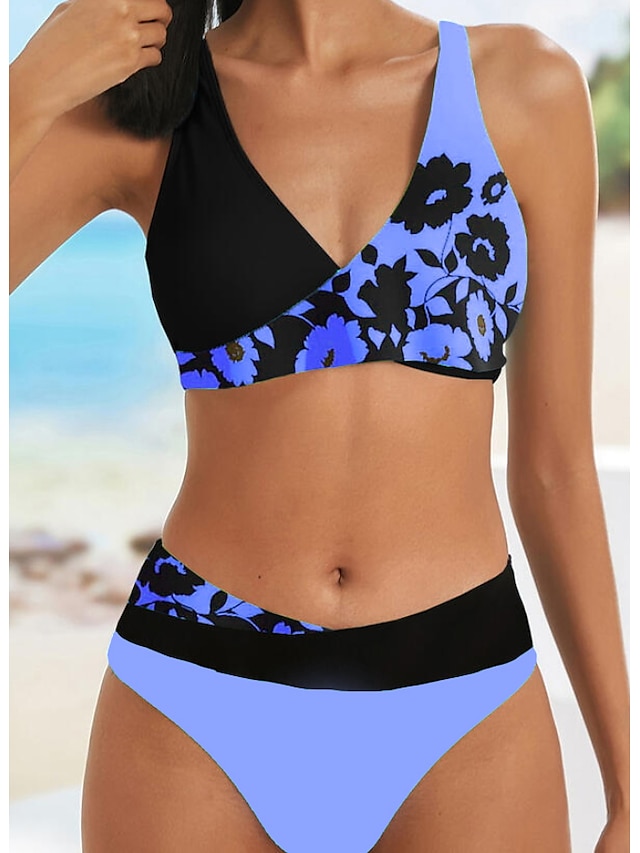 Womens Clothing Womens Swimwear | Womens Swimwear Bikini 2 Piece Normal Swimsuit High Waisted Color Block Floral Print Green Blu