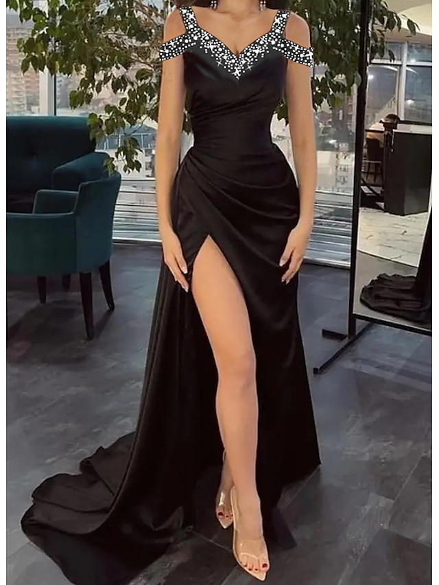 Womens Clothing Womens Dresses | Womens A Line Dress Maxi long Dress Black Short Sleeve Solid Color Sequins Split Ruched Spring 