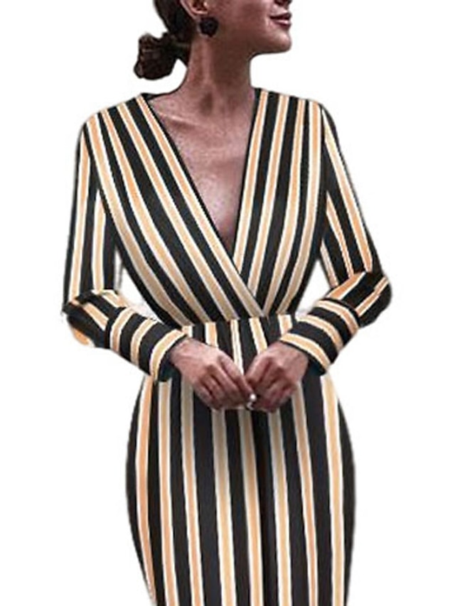 Womens Clothing Womens Dresses | Womens Bodycon Knee Length Dress Yellow Long Sleeve Striped Print Spring Summer V Neck Elegant 