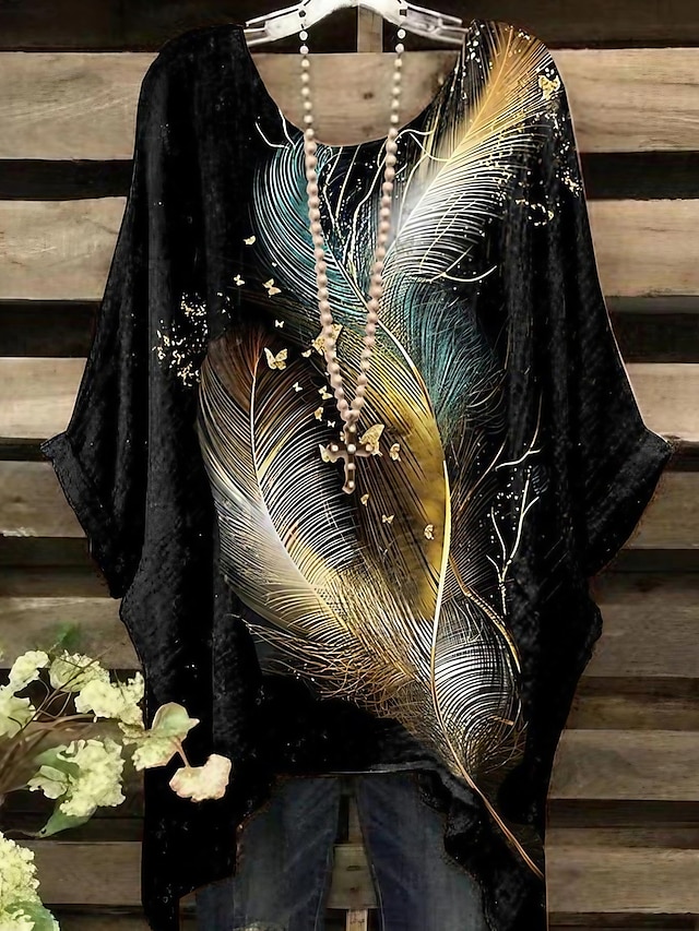  Women's Plus Size Shirt Blouse Chiffon Feathers Print Daily Weekend Vintage Holiday Casual Dolman Sleeve 3/4 Length Sleeve Crew Neck Black Summer Spring