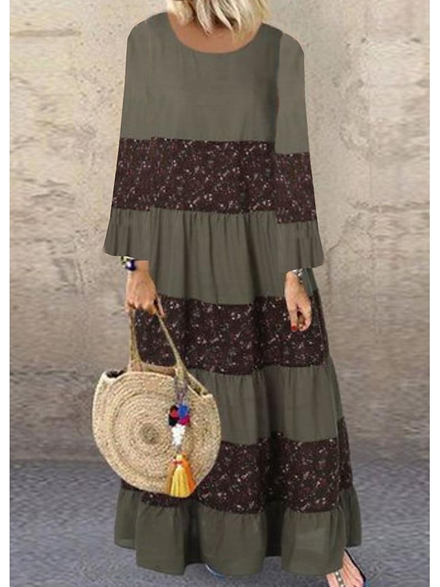 Womens Clothing Womens Dresses | Womens A Line Dress Maxi long Dress Army Green Long Sleeve Print Ruched Patchwork Print Spring 