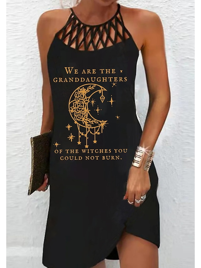 Womens Clothing Womens Dresses | Womens A Line Dress Short Mini Dress Black Sleeveless Print Letter Cut Out Print Spring Summer 