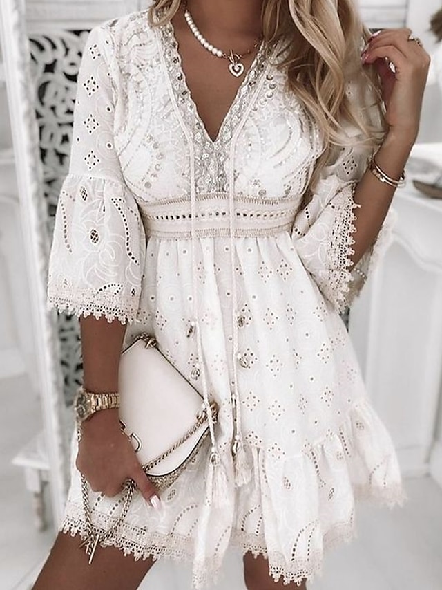 Womens Clothing Womens Dresses | Womens Lace Dress Short Mini Dress White 3/4 Length Sleeve Embroidery Embroidered Hollow Out Ru