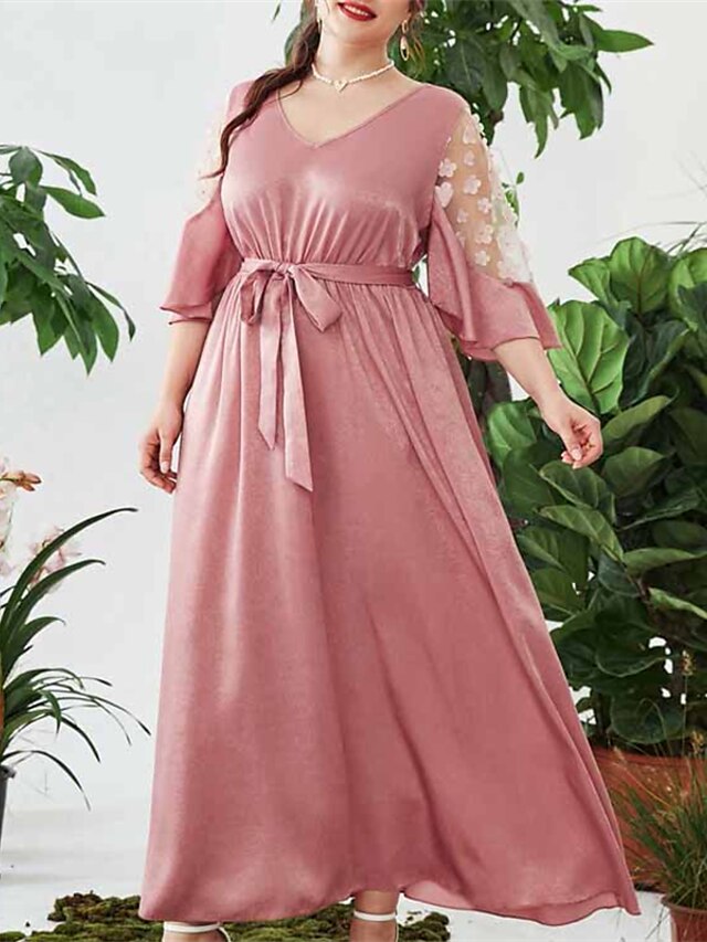 Womens Clothing Plus Size Collection | Womens Plus Size A Line Dress Floral V Neck Half Sleeve Spring Summer Casual Vintage Maxi