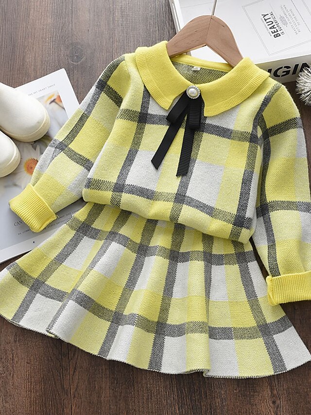 Baby & Kids Girls Clothing | Kids Girls T-shirt & Skirt Clothing Set 2 Pieces Long Sleeve Pink Yellow Plaid Patchwork Vacation A