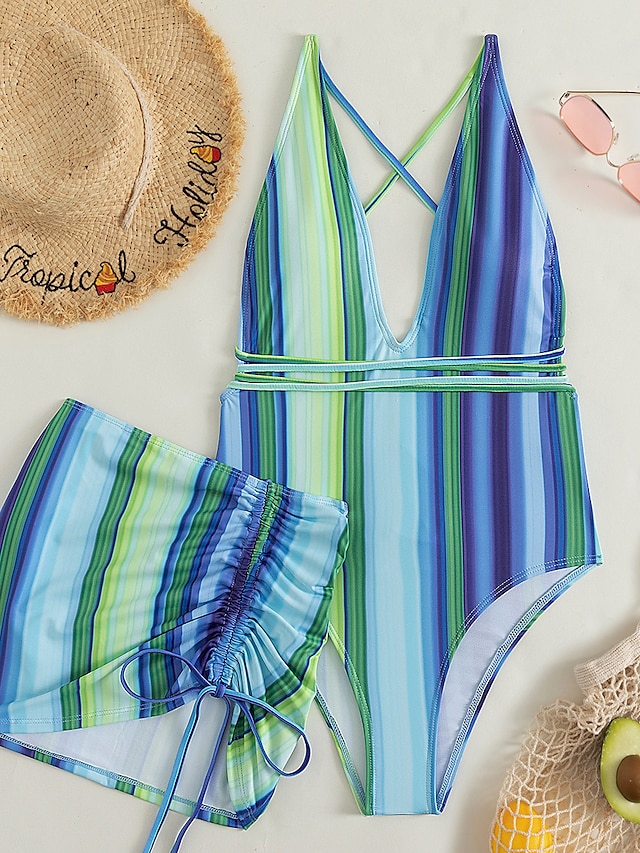 Womens Clothing Womens Swimwear | Womens Swimwear One Piece 2 Piece Normal Swimsuit Backless High Waisted Print Striped Blue V W