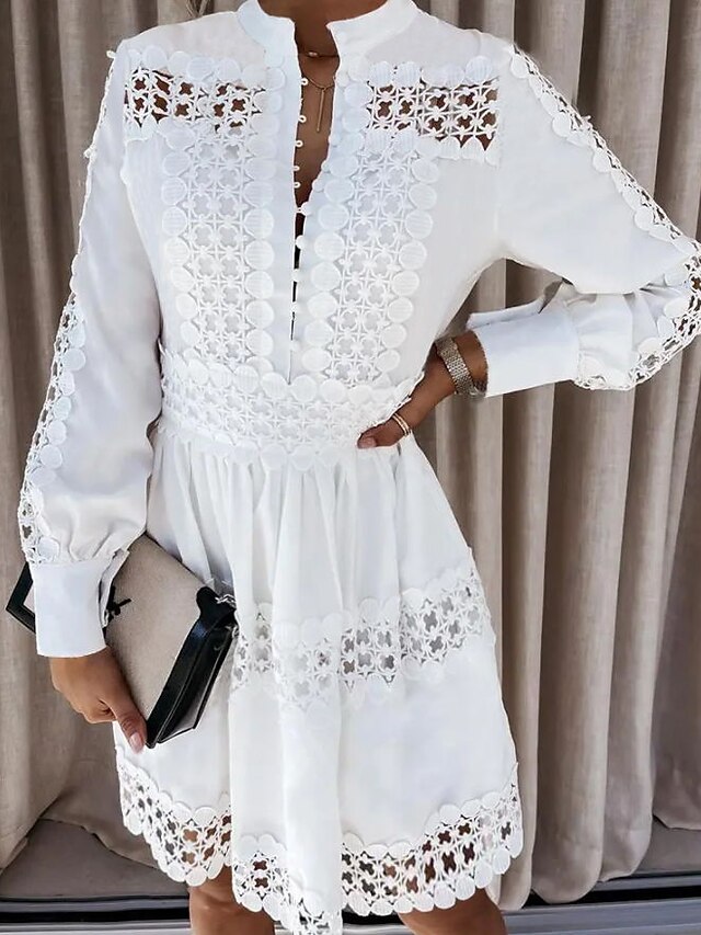 Womens Clothing Womens Dresses | Womens A Line Dress Short Mini Dress White Long Sleeve Solid Color Lace Spring Summer Round Nec