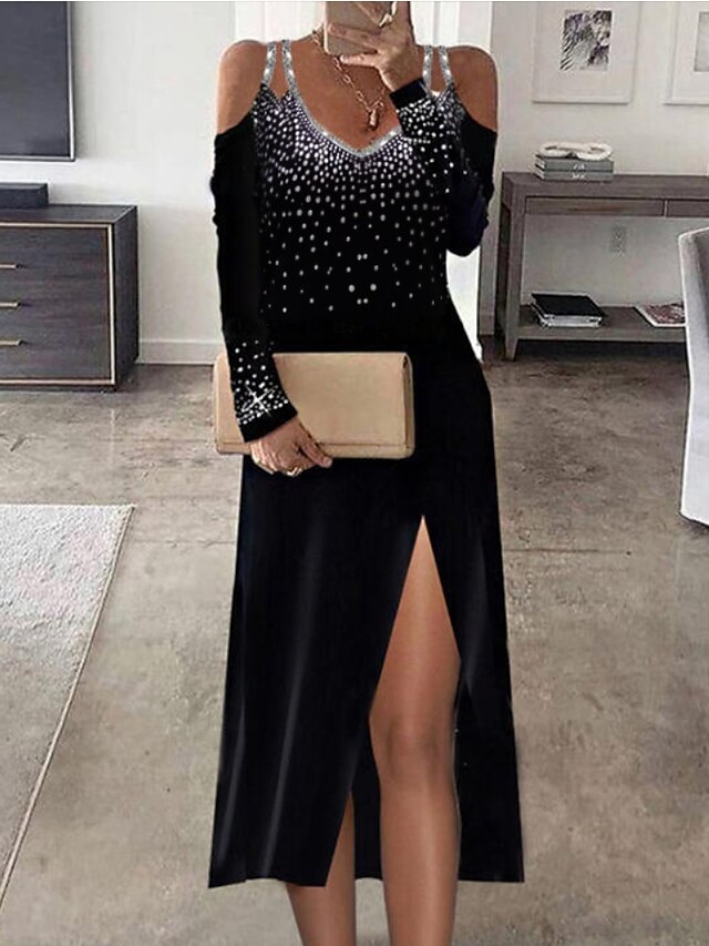 Womens Clothing Womens Dresses | Womens Shift Dress Midi Dress Black Long Sleeve Polka Dot Ruched Print Spring Summer V Neck Ele