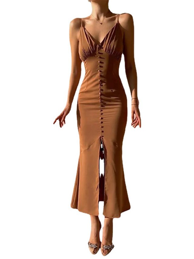  Women's Sheath Dress Party Dress Maxi long Dress Brown Sleeveless Pure Color Backless Cold Shoulder Button Spring Summer Spaghetti Strap Party Elegant Party Slim 2022 S M L XL