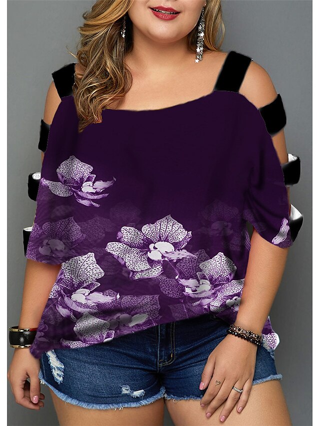 Womens Clothing Plus Size Collection | Womens Plus Size Tops Blouse Shirt Floral Cut Out Print Half Sleeve V Neck Streetwear Dai