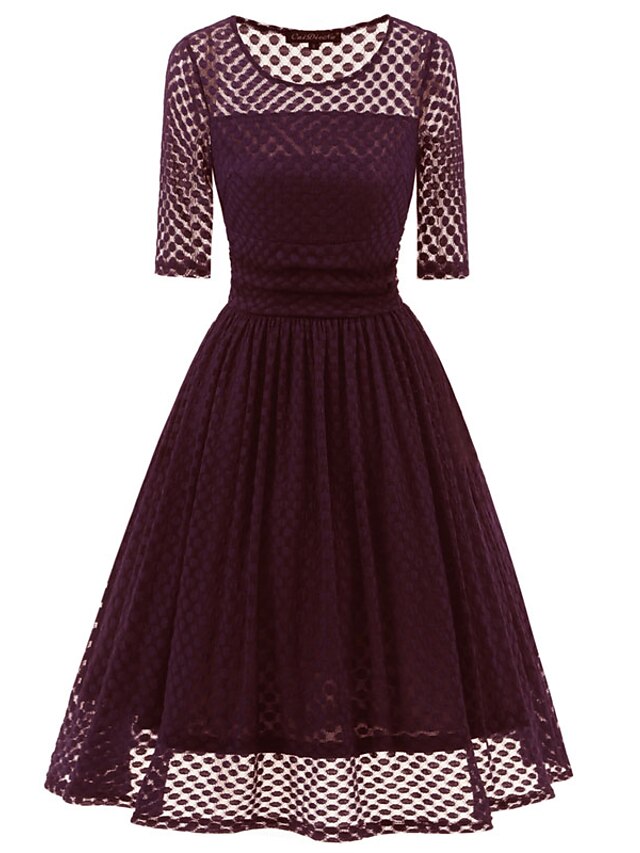 Womens Clothing Womens Dresses | Womens A Line Dress Knee Length Dress Purple Wine Half Sleeve Pure Color Lace Spring Summer Cre