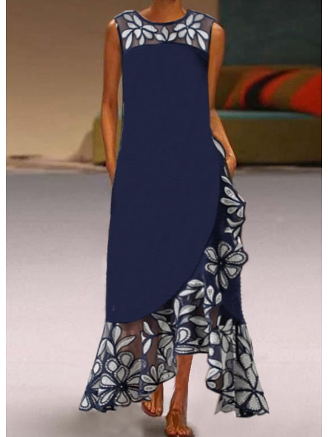 Womens Clothing Womens Dresses | Womens A Line Dress Maxi long Dress Blue Sleeveless Floral Ruched Print Spring Summer Crew Neck