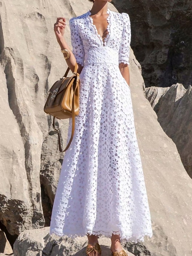  Women's Party Dress Lace Dress Casual Dress Swing Dress Long Dress Maxi Dress White Half Sleeve Pure Color Lace Spring Fall Winter V Neck Stylish 3XL