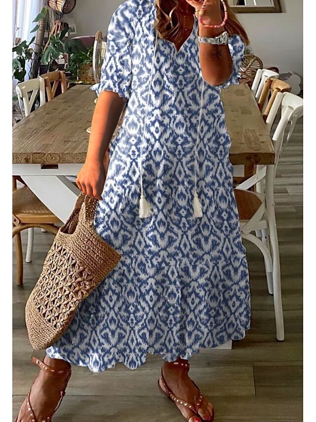 Womens Clothing Plus Size Collection | Womens Plus Size A Line Dress Print V Neck Half Sleeve Spring Summer Casual Maxi long Dre