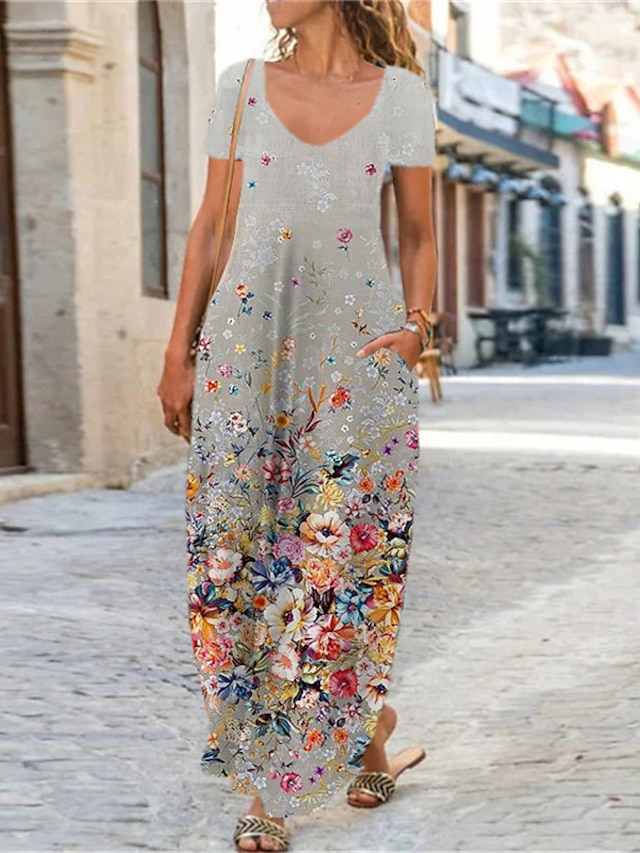 Womens Clothing Womens Dresses | Womens Shift Dress Maxi long Dress Gray Short Sleeve Floral Pocket Print Spring Summer V Neck E