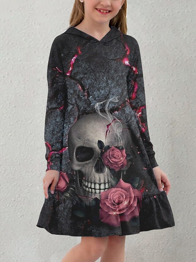 Baby & Kids Girls Clothing | Kids Little Girls Dress Floral Skull A Line Dress Daily Holiday Vacation Ruffle Print Black Above K