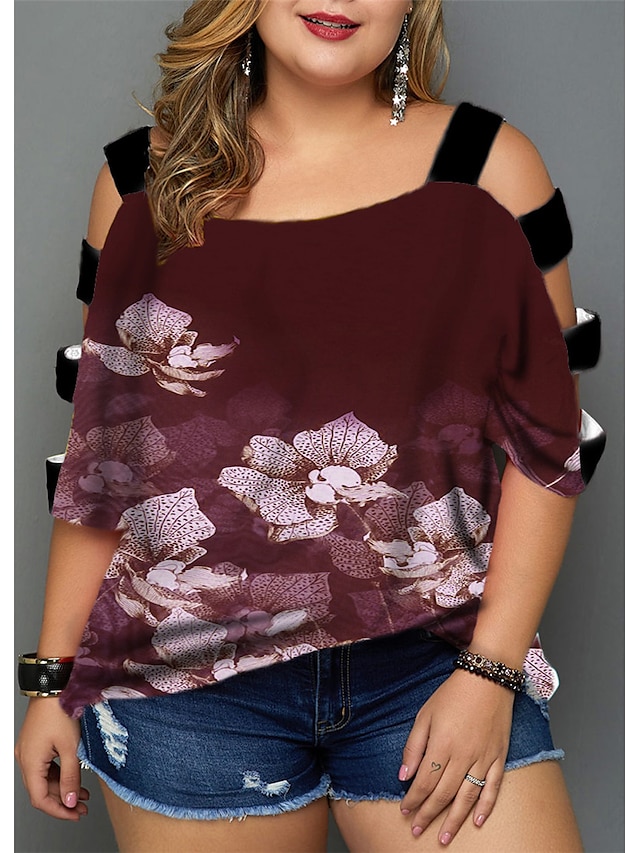 Womens Clothing Plus Size Collection | Womens Plus Size Tops Blouse Shirt Floral Cut Out Print Half Sleeve V Neck Streetwear Dai