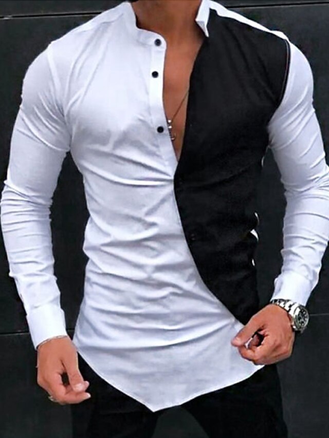  Men's Shirt Color Block Stand Collar Black / White Street Daily Long Sleeve Button-Down Clothing Apparel Fashion Casual Comfortable / Beach