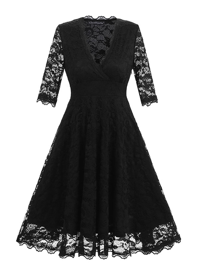 Womens Lace Dress Swing Dress Black Dress Midi Dress Black Half Sleeve Pure Color Lace Summer