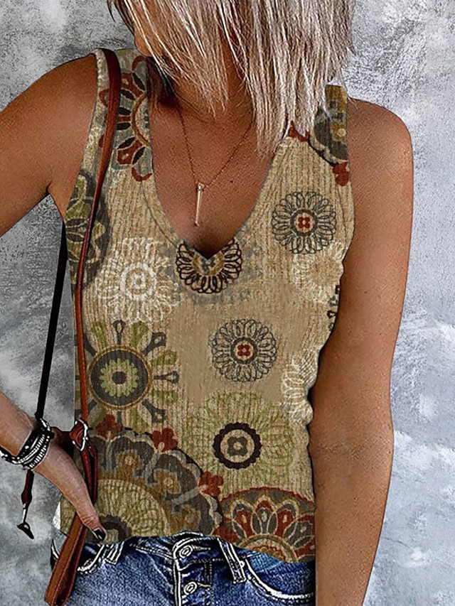  Women's Plus Size Tank Top Going Out Tops Vest Concert Tops Floral Ethnic Holiday Light Green Blue Khaki Print Button Sleeveless Streetwear Casual V Neck Regular Fit