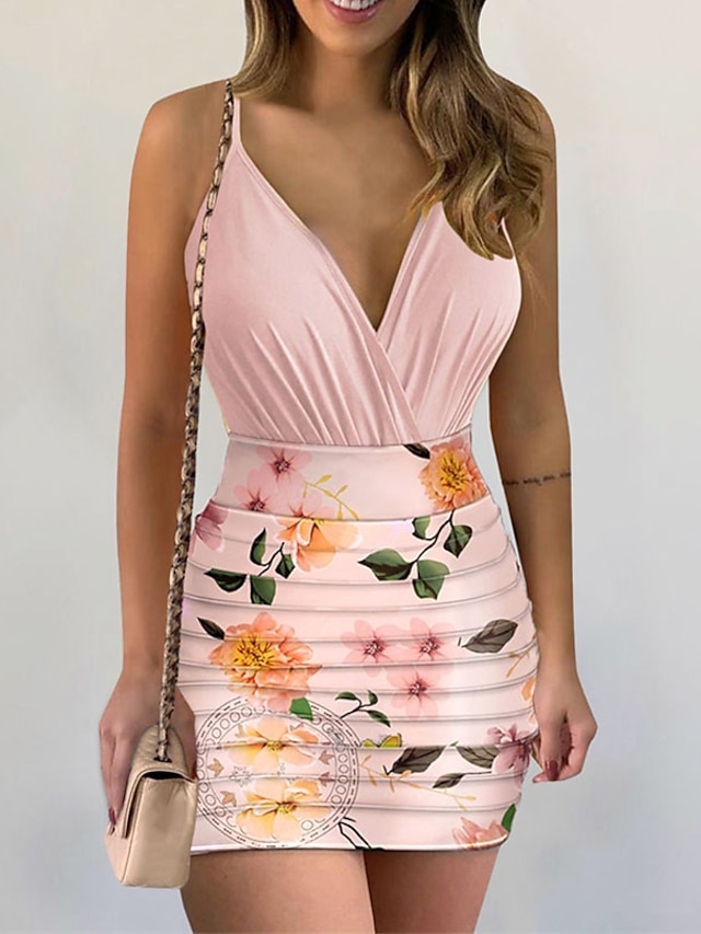 Womens Clothing Womens Dresses | Womens Bodycon Short Mini Dress Light Pink Purple Pink Yellow Red Sleeveless Floral Backless Co