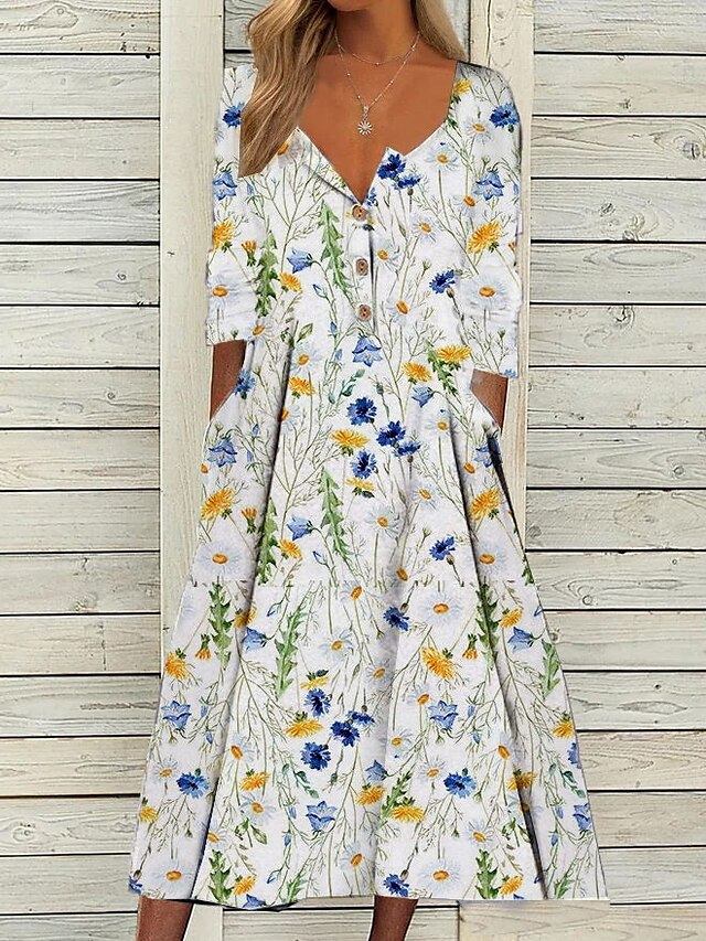 Womens Clothing Womens Dresses | Womens A Line Dress Midi Dress White Half Sleeve Floral Print Spring Summer V Neck Casual 2022 