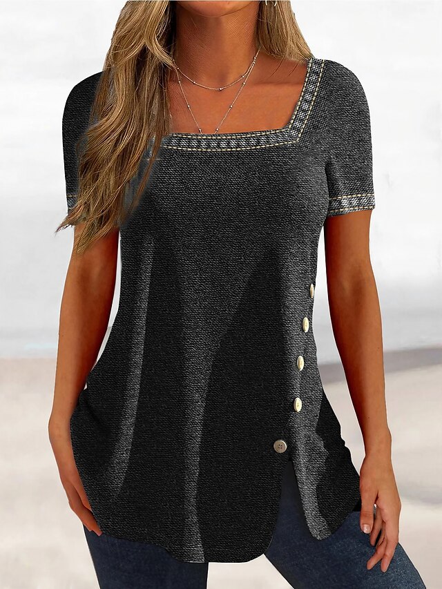  女性用 Tシャツ ブラック ルビーレッド ブルー 平織り ボタン 半袖 カジュアル 週末 ベーシック スクエアネック ロング S