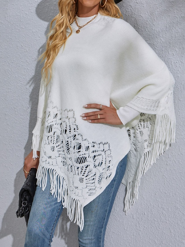  Women's Poncho Sweater Crew Neck Ribbed Knit Acrylic Tassel Knitted Fall Winter Tunic Outdoor Daily Holiday Stylish Casual Soft Long Sleeve Pure Color Black White Red S M L