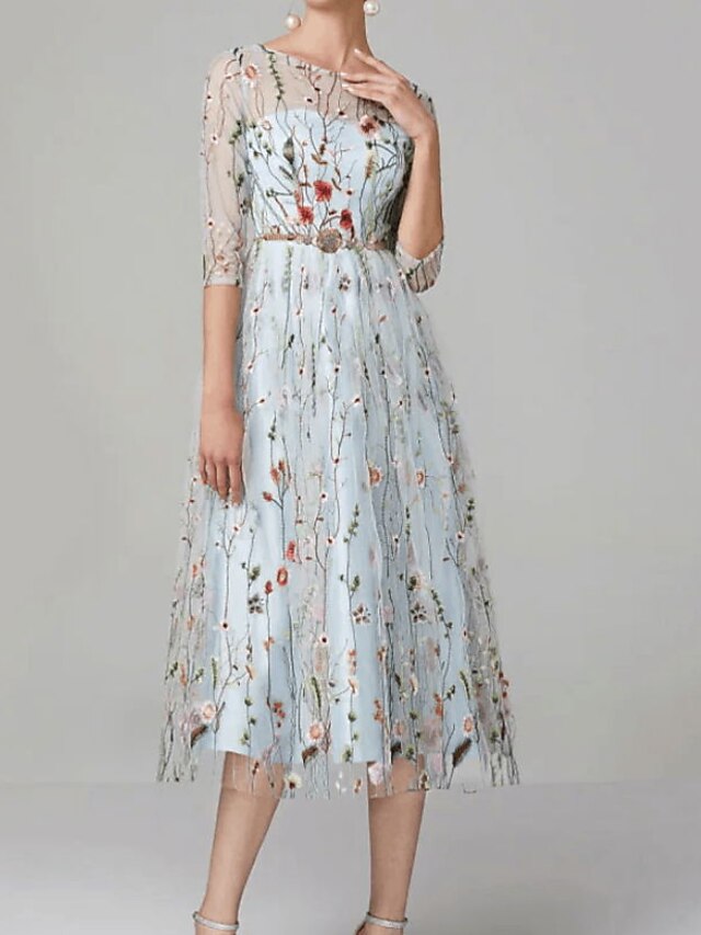 Womens Clothing Womens Dresses | Womens A Line Dress Midi Dress Light Blue Half Sleeve Floral Ruched Print Spring Summer Round N