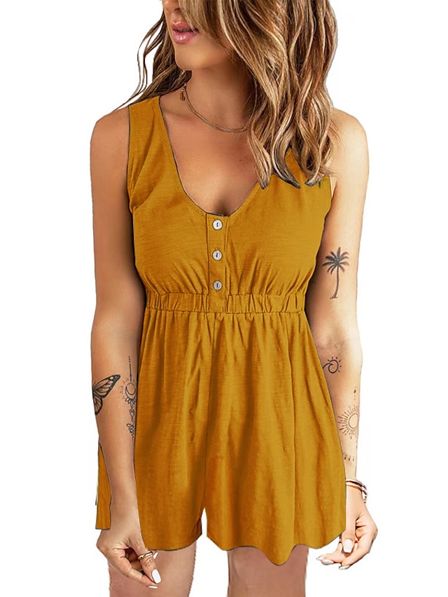 Womens Clothing Womens Jumpsuits & Rompers | Womens Romper Button Solid Color V Neck Casual Holiday Weekend Regular Fit Sleevele