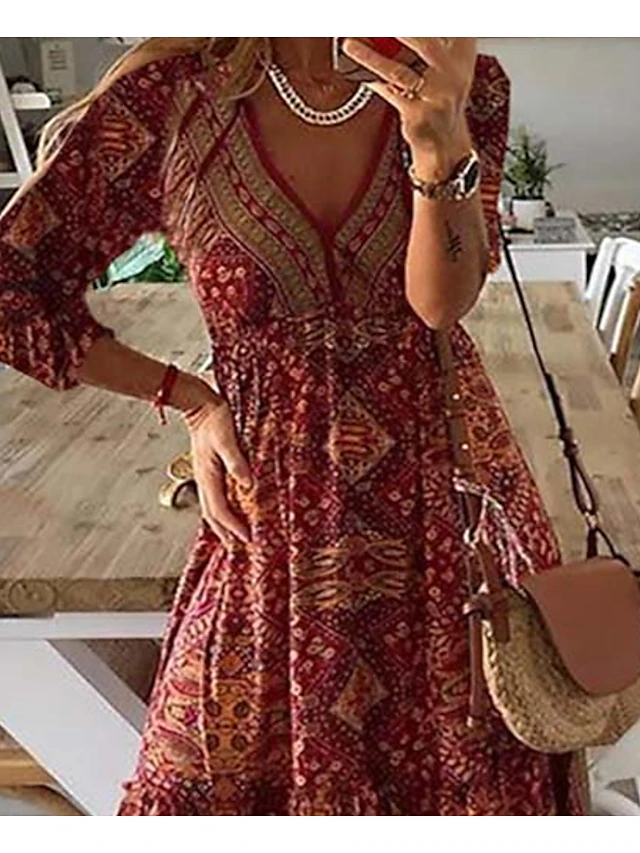 Women's Casual Dress Floral Tribal Print V Neck Maxi long Dress Bohemia ...