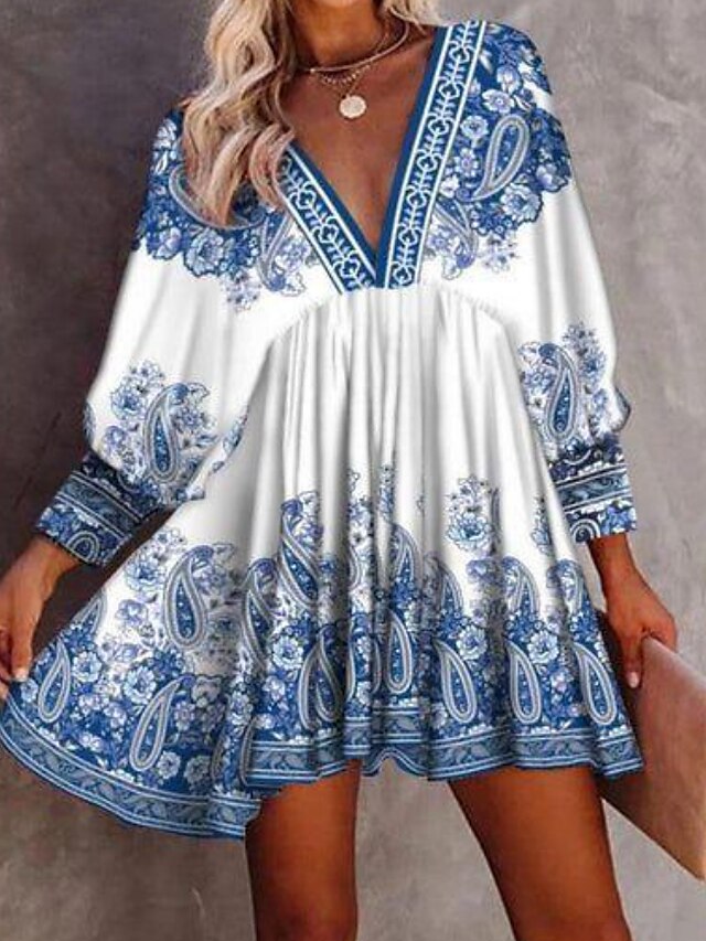 Womens Clothing Womens Dresses | Womens A Line Dress Short Mini Dress Blue Long Sleeve Floral Ruched Print Spring Summer Deep V 