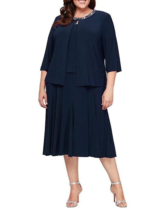 Womens Clothing Plus Size Collection | Womens Plus Size A Line Dress Solid Color Round Neck 3/4 Length Sleeve Spring Summer Work