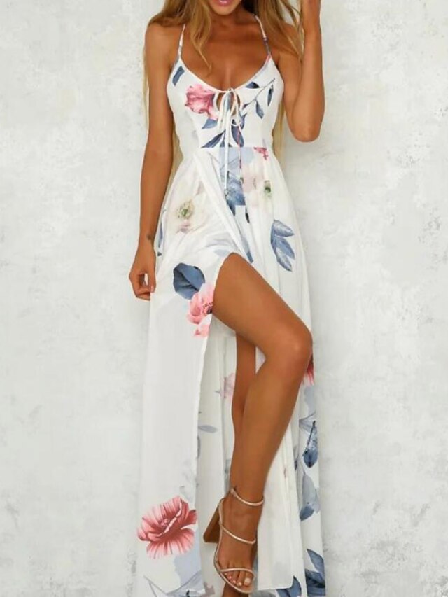  Women's Swing Dress Maxi long Dress White Sleeveless Floral Backless Cold Shoulder Print Spring Summer Spaghetti Strap Casual 2022 S M L XL XXL