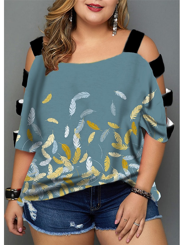 Womens Clothing Plus Size Collection | Womens Plus Size Tops Blouse Shirt Graphic Patterned Cut Out Print Half Sleeve V Neck Str