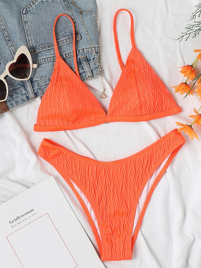 Womens Clothing Womens Swimwear | Womens Swimwear Bikini 2 Piece Normal Swimsuit 2 Piece High Waist Solid Color Orange Padded Pl