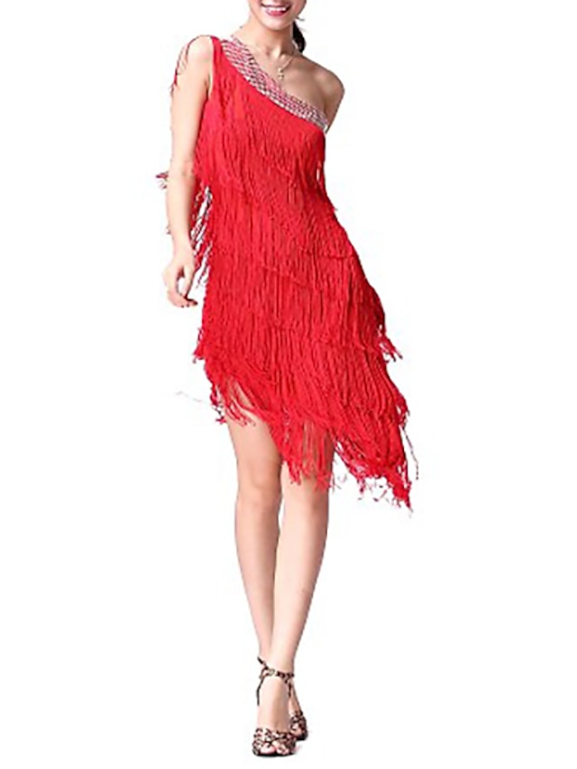  Latin Dance Dress Tassel Crystals / Rhinestones Women's Performance Sleeveless Natural Cotton Polyester