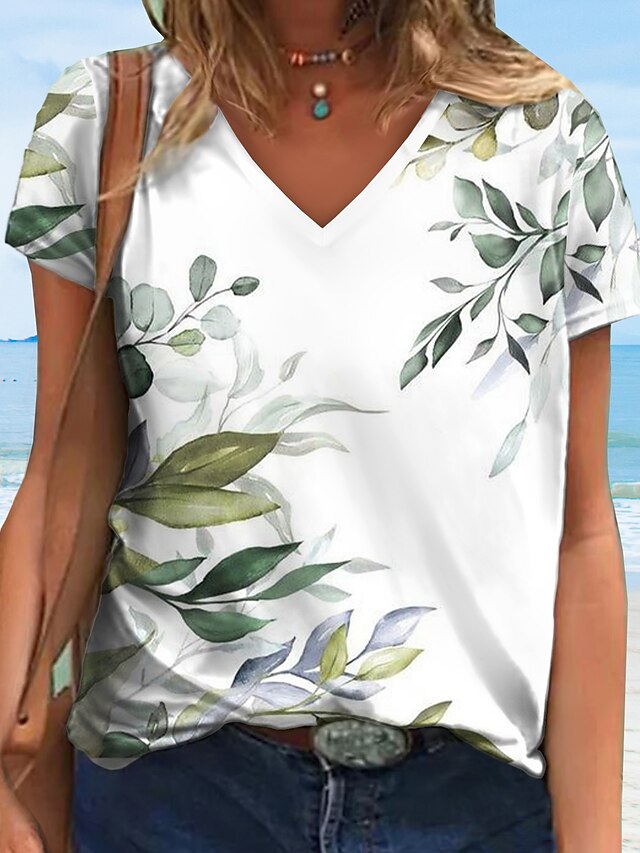 Womens Clothing Womens Tops | Womens Leaf Casual Holiday Weekend Floral Painting T shirt Tee Short Sleeve Print V Neck Basic Ess