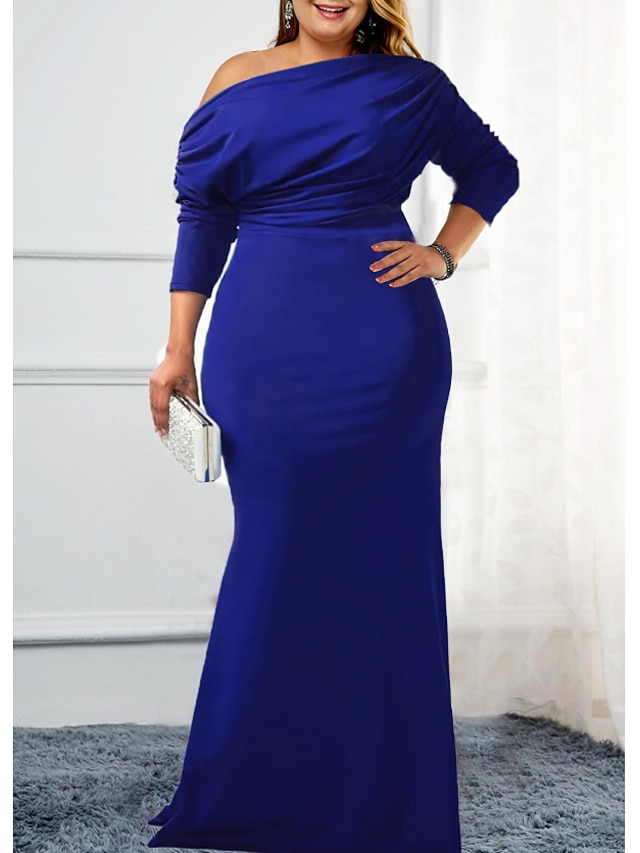 Womens Clothing Plus Size Collection | Womens Plus Size Sheath Dress Solid Color One Shoulder 3/4 Length Sleeve Spring Summer Pr