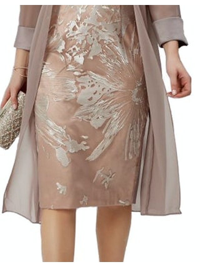 Womens Clothing Womens Dresses | Womens Sheath Dress Knee Length Dress Champagne Long Sleeve Print Layered Mesh With Belt Spring